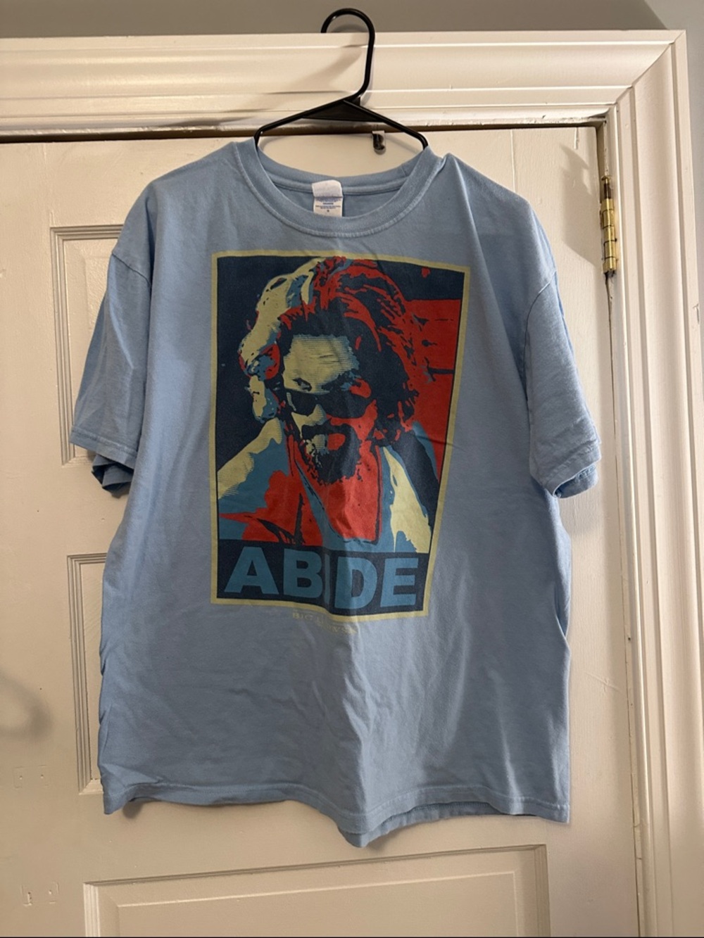 Light Blue Graphic Men’s T-Shirt with 'Abide' Design - Big Lebowski